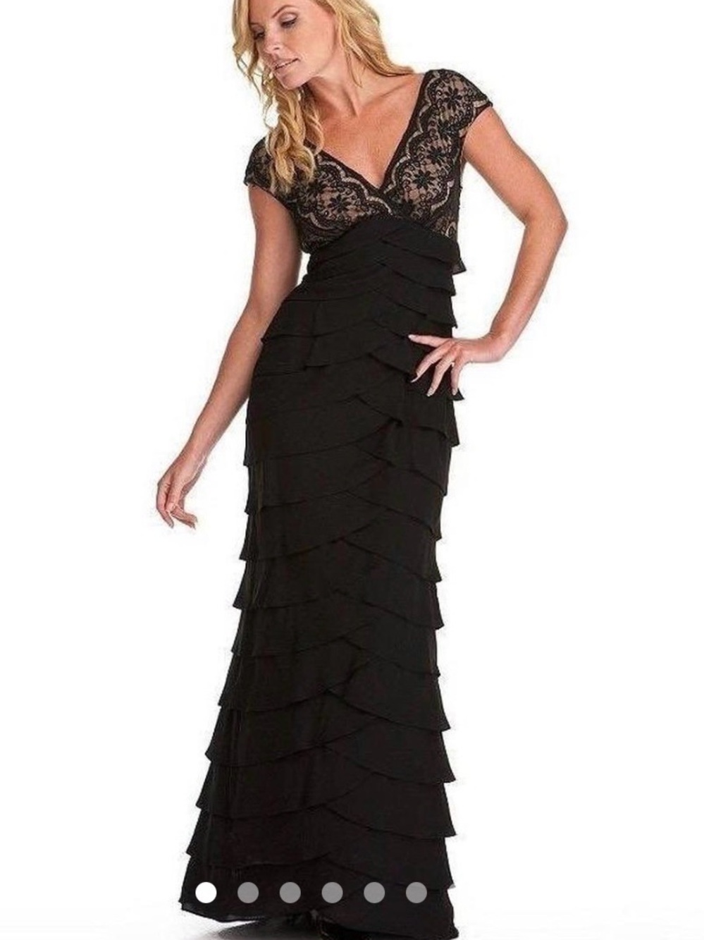 Adrianna Papell Black Lace V-Neck Tiered Maxi Dress
